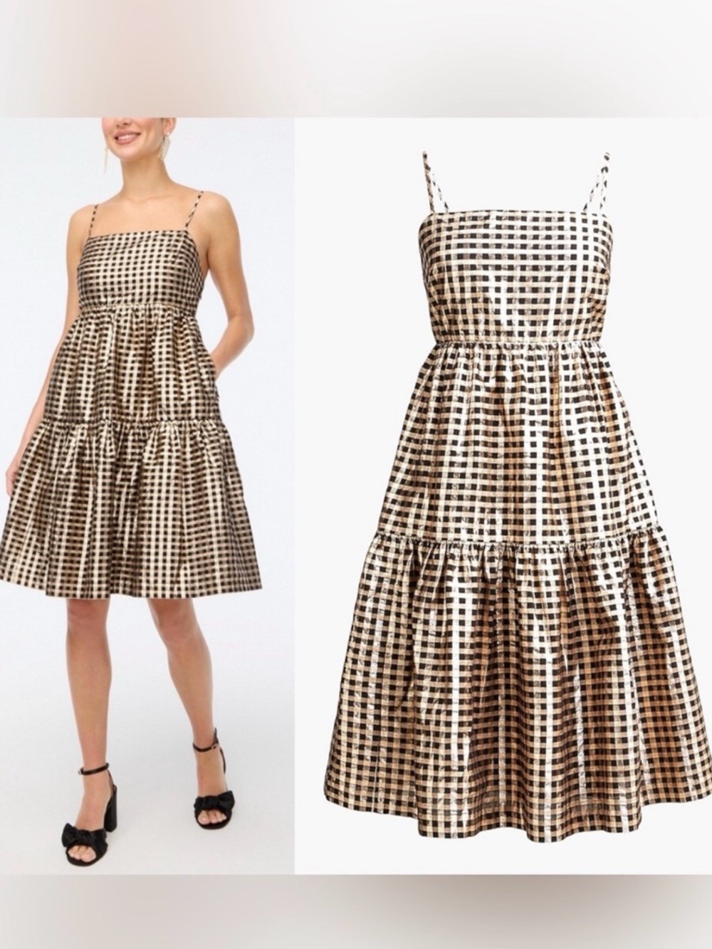 J. Crew Black and Cream Gingham Tiered Spaghetti-Strap Midi Dress * match kids